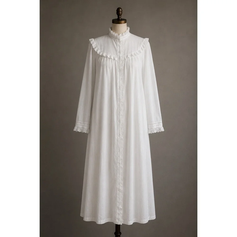 Vintage White Lace Trim Snap Front Maxi Nightgown Robe Small Cottagecore Regency